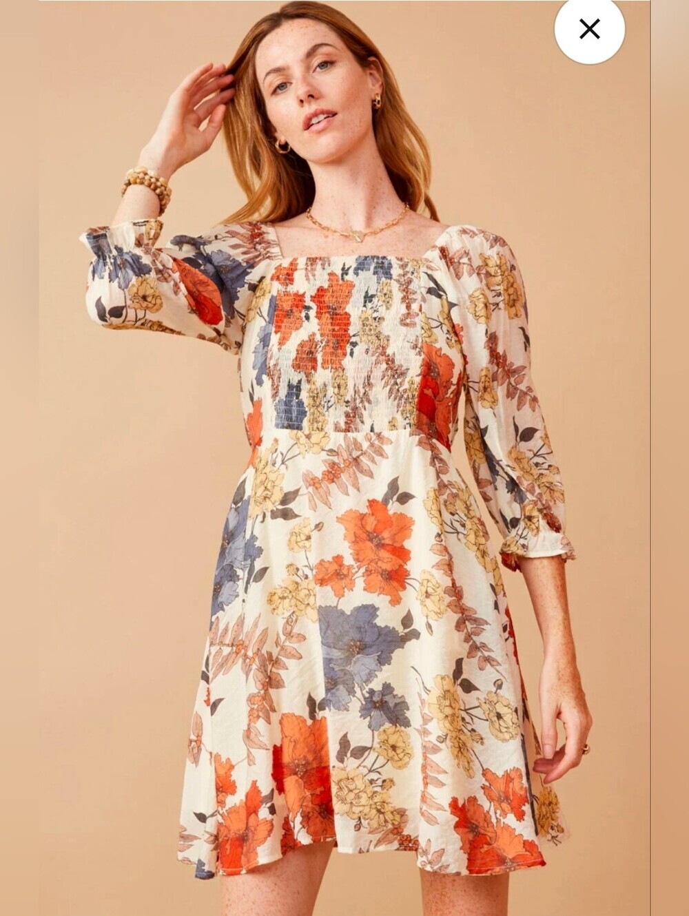 Hayden Cream Floral Bishop Sleeve Smocked Mini Dress with Orange & Blue Flowers